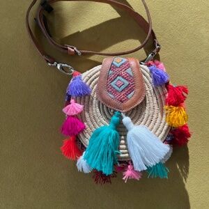 Z&L Colorful Tassels Boho Circular Woven Straw Crossbody Bag Tropical Festival